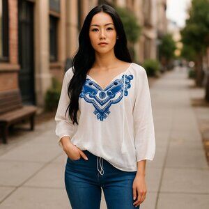 Sanctuary Boho White Blouse with Blue Embroidery Women Medium Tassel Tie